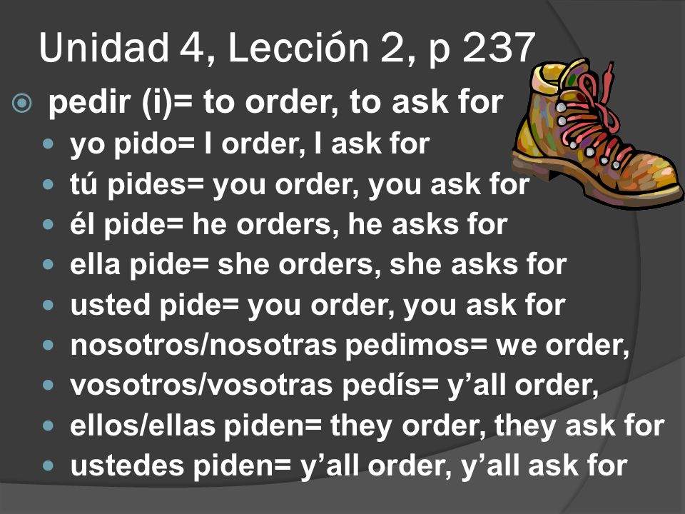 Unidad 4, Lección 2, p 237 pedir (i)= to order, to ask for