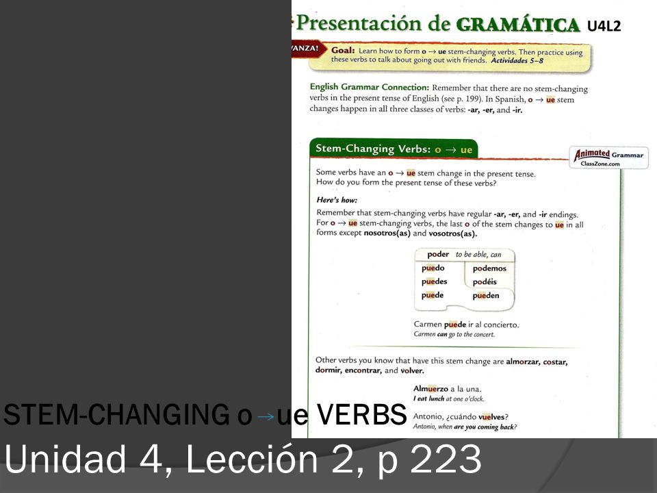 STEM-CHANGING o ue VERBS Unidad 4, Lección 2, p 223