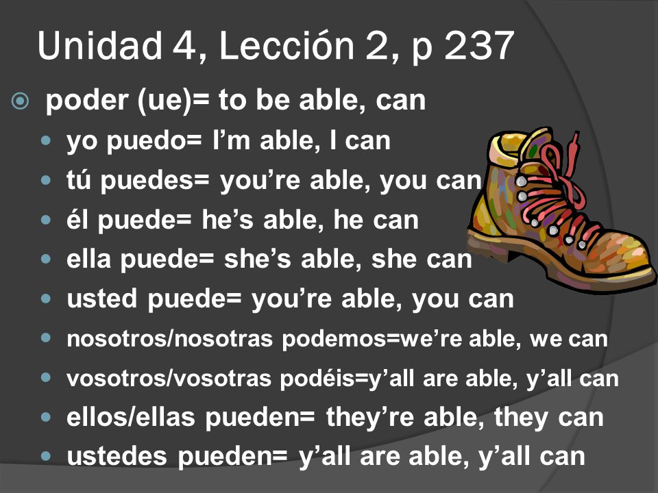 Unidad 4, Lección 2, p 237 poder (ue)= to be able, can
