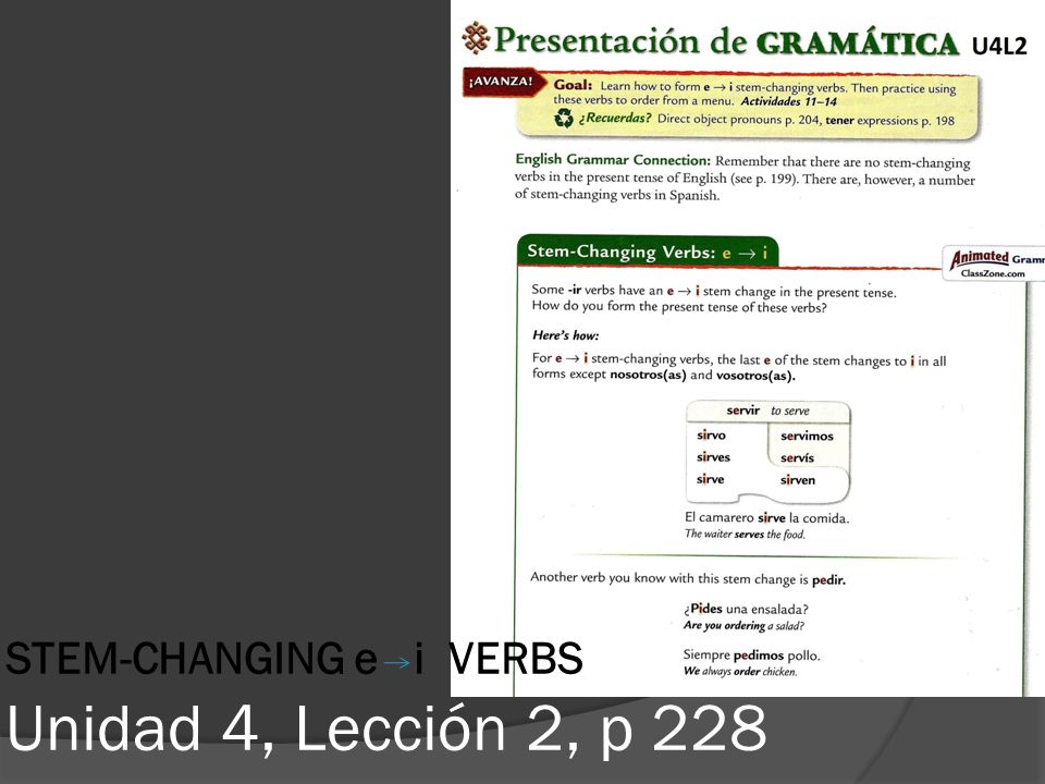 STEM-CHANGING e i VERBS Unidad 4, Lección 2, p 228