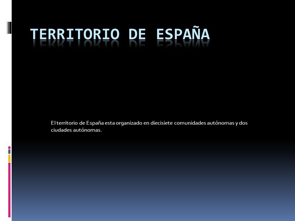 Territorio de España El territorio de España esta organizado en diecisiete comunidades autónomas y dos ciudades autónomas.