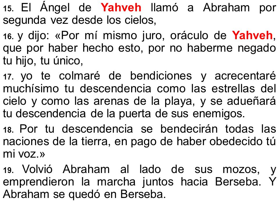 15. El Ángel de Yahveh llamó a Abraham por segunda vez desde los cielos,