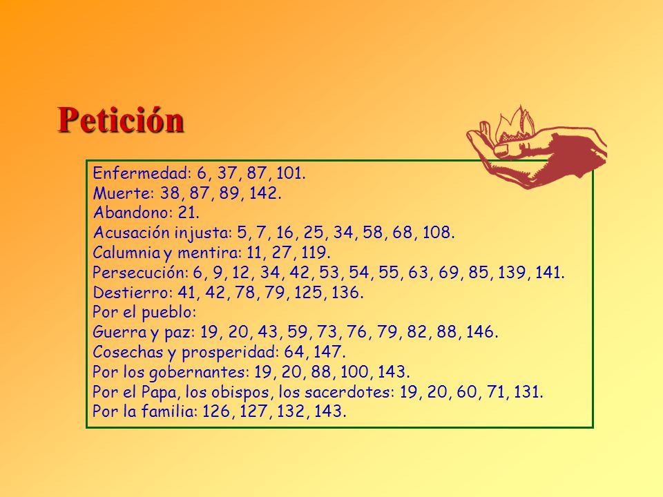 Petición Enfermedad: 6, 37, 87, 101. Muerte: 38, 87, 89, 142.