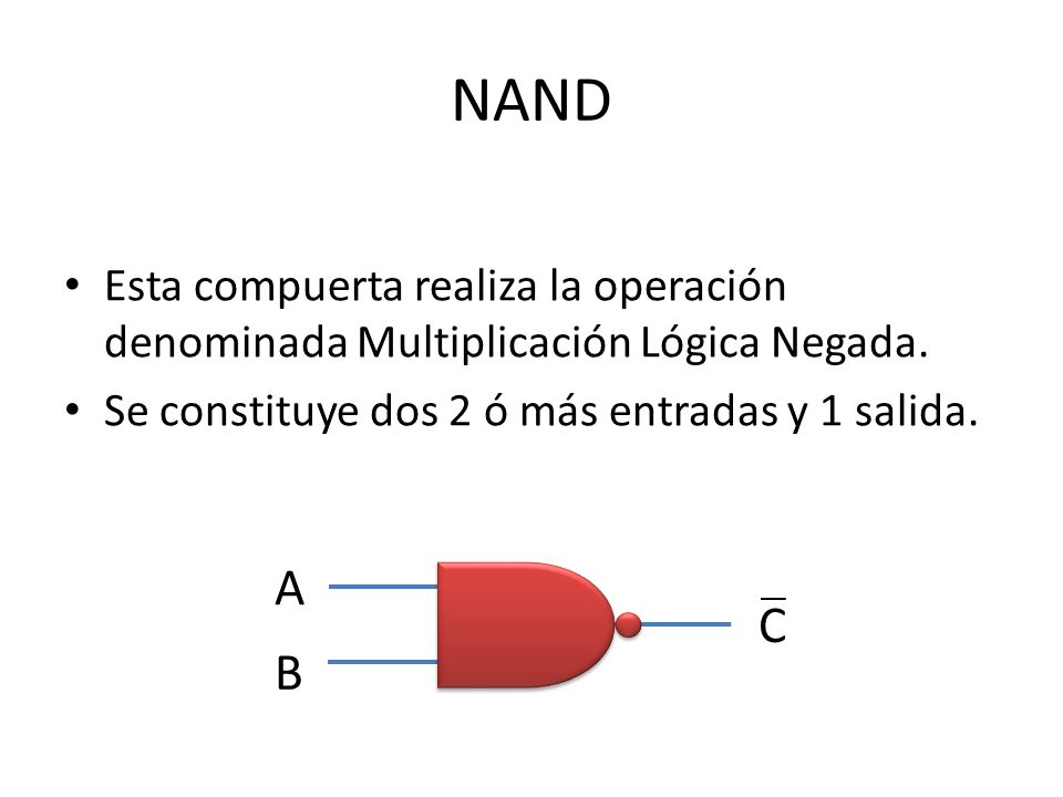 NAND Esta compuerta realiza la operación denominada Multiplicación Lógica Negada. Se constituye dos 2 ó más entradas y 1 salida.