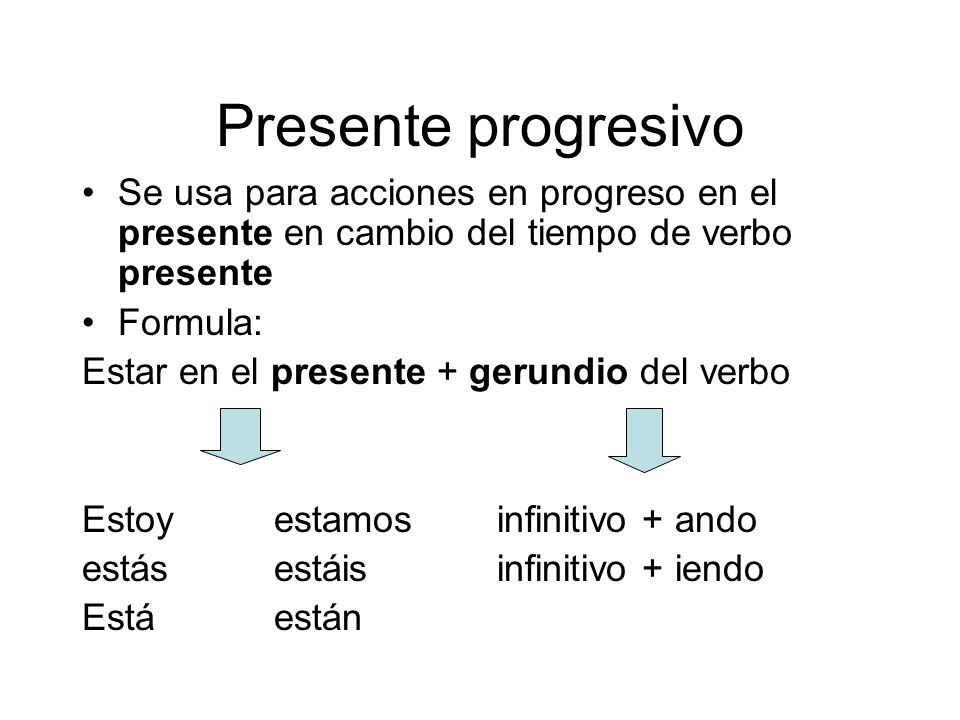 Presente progresivo Se usa para acciones en progreso en el presente en cambio del tiempo de verbo presente.