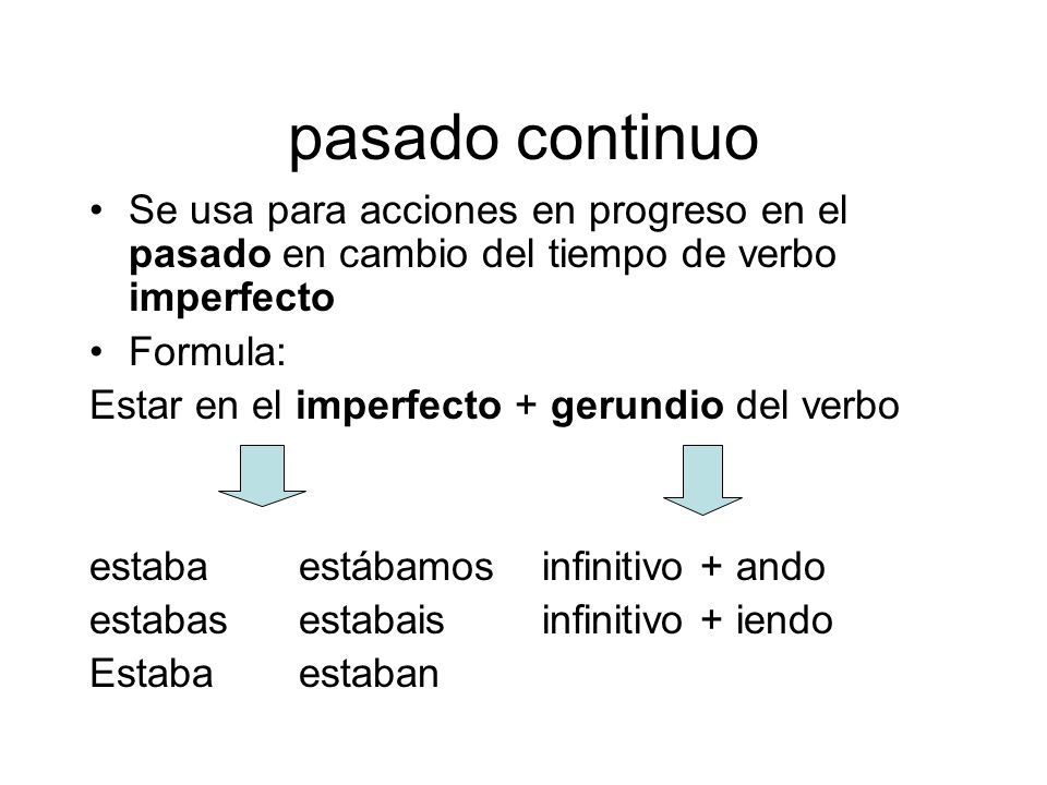 pasado continuo Se usa para acciones en progreso en el pasado en cambio del tiempo de verbo imperfecto.