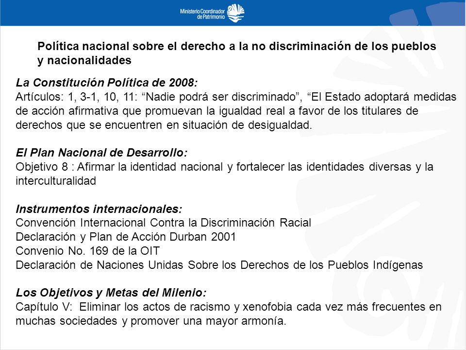 Política nacional sobre el derecho a la no discriminación de los pueblos y nacionalidades