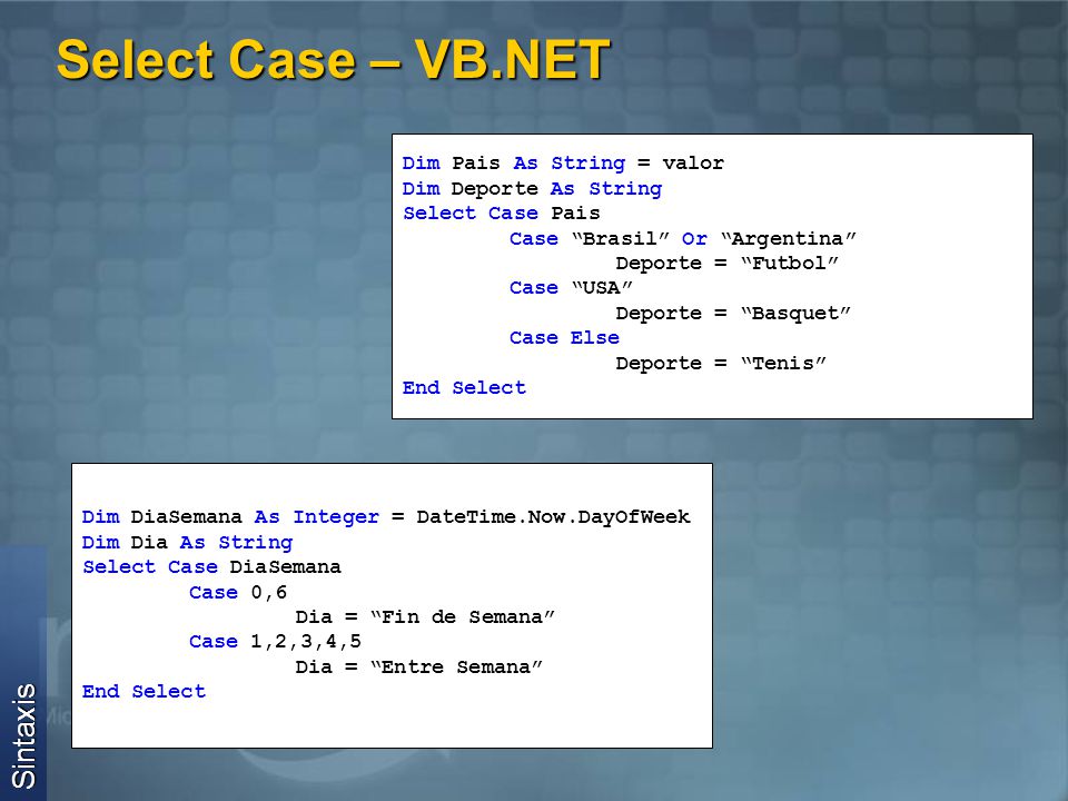Select Case – VB.NET Sintaxis Dim Pais As String = valor