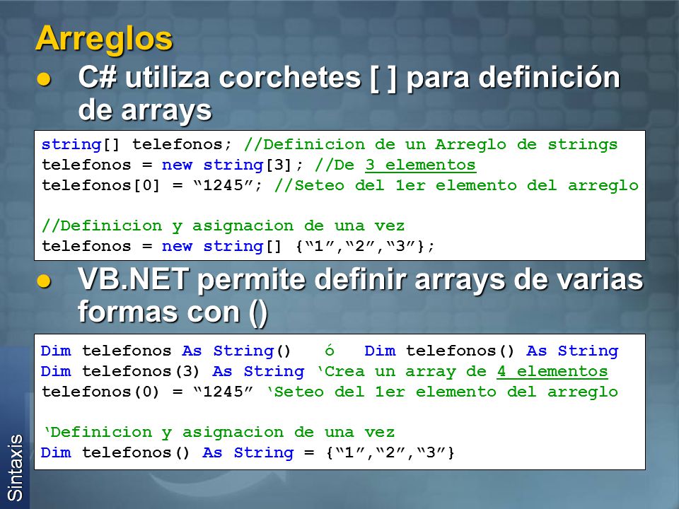 Arreglos C# utiliza corchetes [ ] para definición de arrays