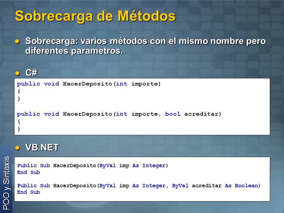 Sobrecarga de Métodos Sobrecarga: varios métodos con el mismo nombre pero diferentes parametros. C#