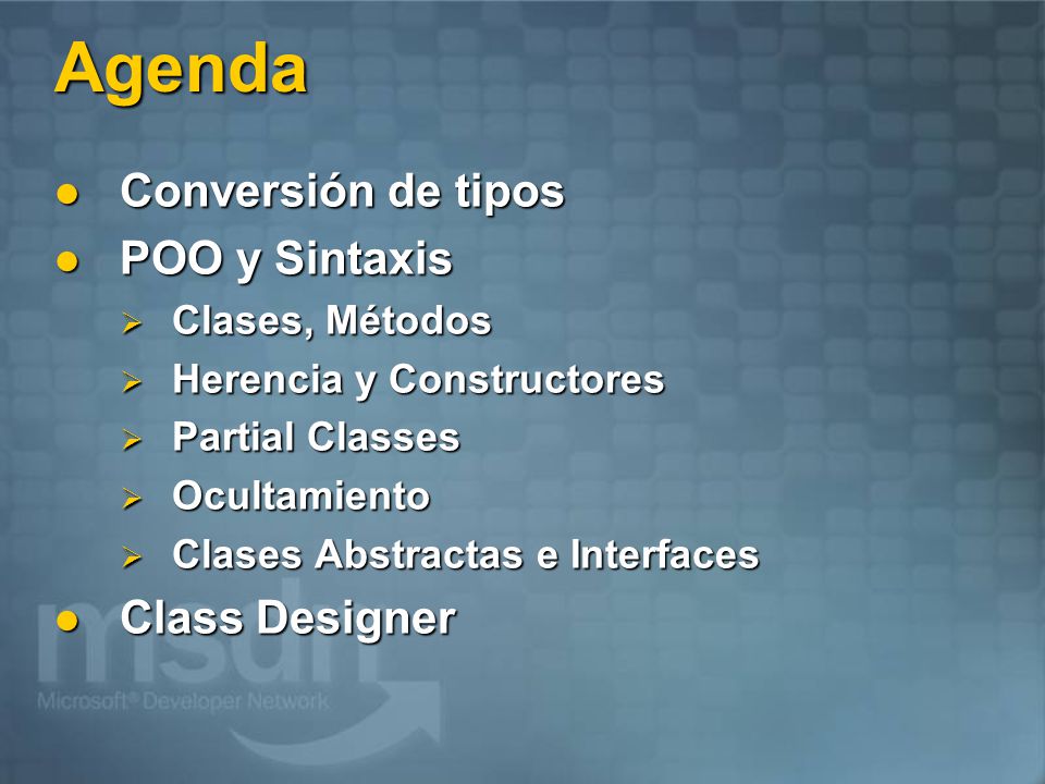 Agenda Conversión de tipos POO y Sintaxis Class Designer