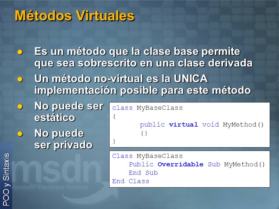 Métodos Virtuales Es un método que la clase base permite que sea sobrescrito en una clase derivada.