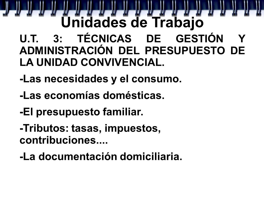 Unidades de Trabajo U.T. 3: TÉCNICAS DE GESTIÓN Y ADMINISTRACIÓN DEL PRESUPUESTO DE LA UNIDAD CONVIVENCIAL.