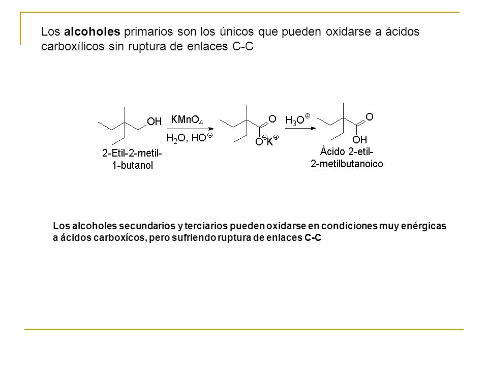 Los alcoholes primarios son los únicos que pueden oxidarse a ácidos carboxílicos sin ruptura de enlaces C-C