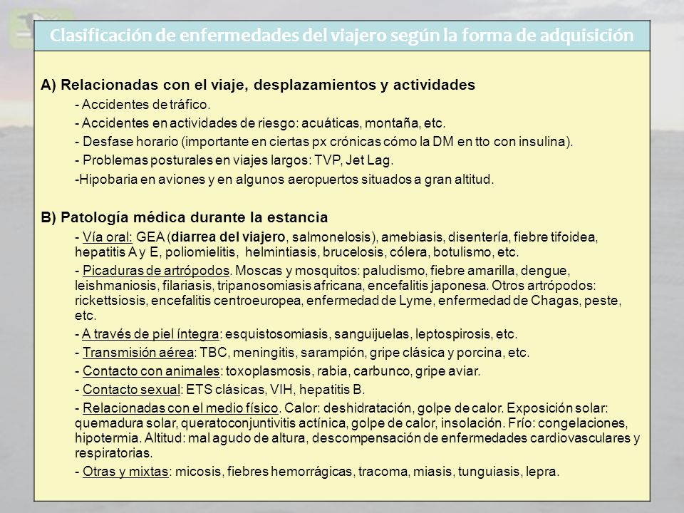 Clasificación de enfermedades del viajero según la forma de adquisición