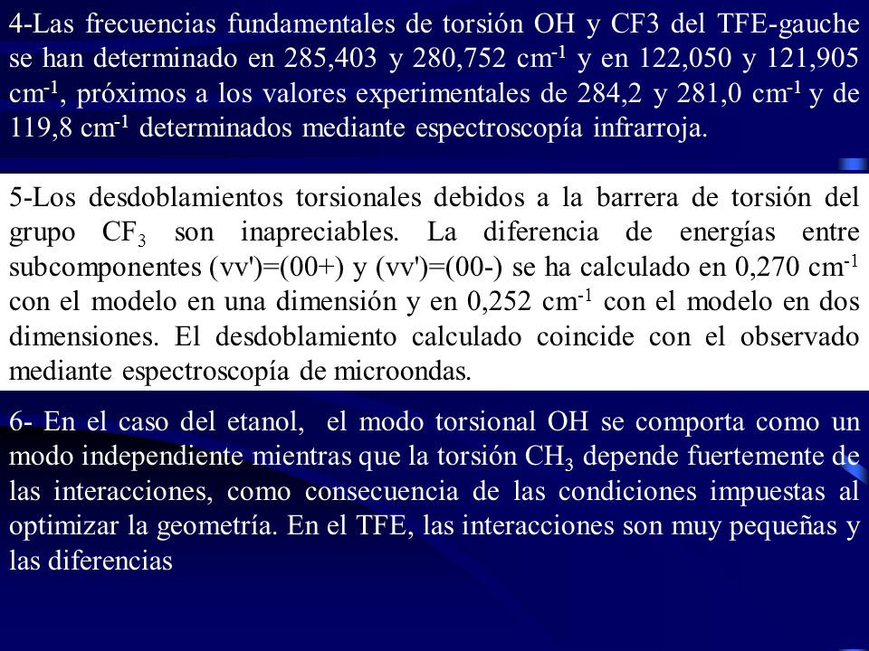 4-Las frecuencias fundamentales de torsión OH y CF3 del TFE-gauche se han determinado en 285,403 y 280,752 cm-1 y en 122,050 y 121,905 cm-1, próximos a los valores experimentales de 284,2 y 281,0 cm-1 y de 119,8 cm-1 determinados mediante espectroscopía infrarroja.