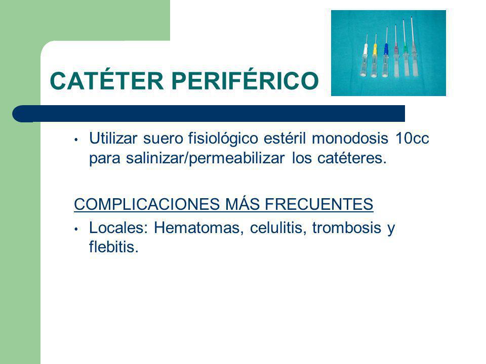 CATÉTER PERIFÉRICO Utilizar suero fisiológico estéril monodosis 10cc para salinizar/permeabilizar los catéteres.
