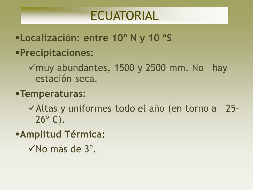 ECUATORIAL Localización: entre 10º N y 10 ºS Precipitaciones: