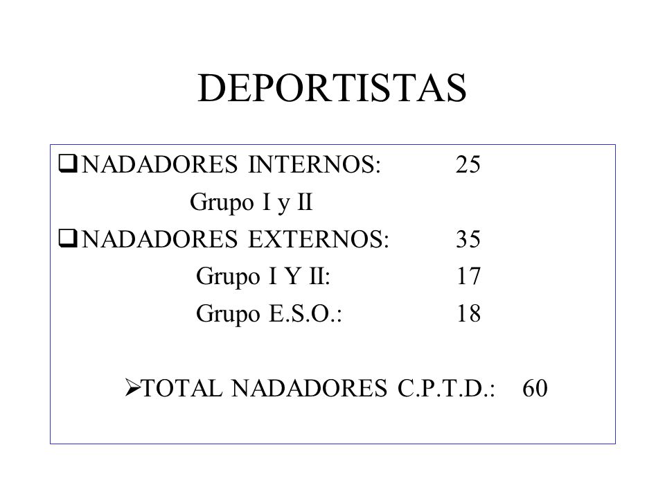 DEPORTISTAS NADADORES INTERNOS: 25 Grupo I y II NADADORES EXTERNOS: 35
