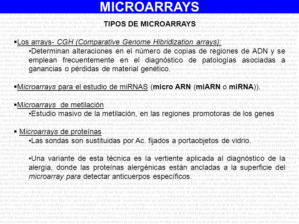TIPOS DE MICROARRAYS Los arrays- CGH (Comparative Genome Hibridization arrays):
