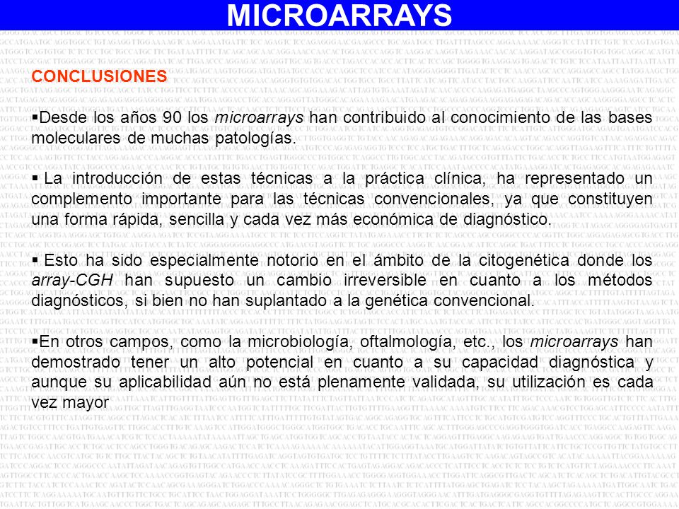 CONCLUSIONES Desde los años 90 los microarrays han contribuido al conocimiento de las bases moleculares de muchas patologías.