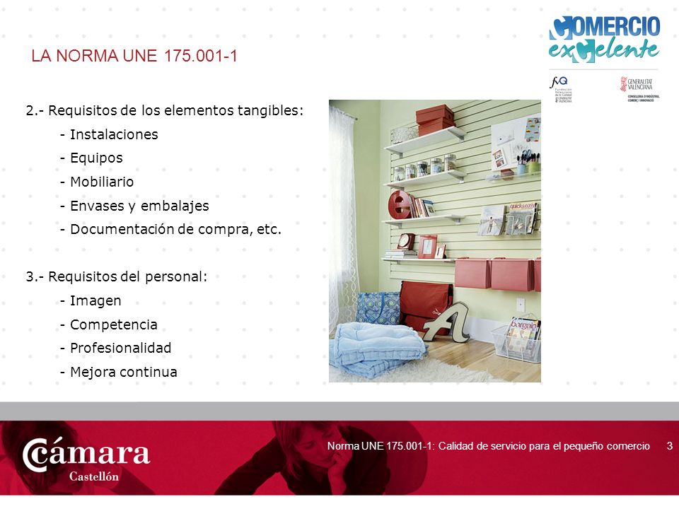 LA NORMA UNE Requisitos de los elementos tangibles: - Instalaciones. - Equipos. - Mobiliario.
