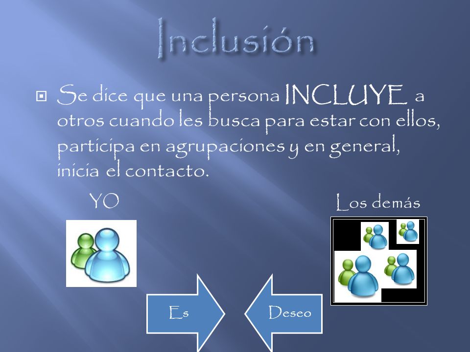 Inclusión Se dice que una persona INCLUYE a otros cuando les busca para estar con ellos, participa en agrupaciones y en general, inicia el contacto.