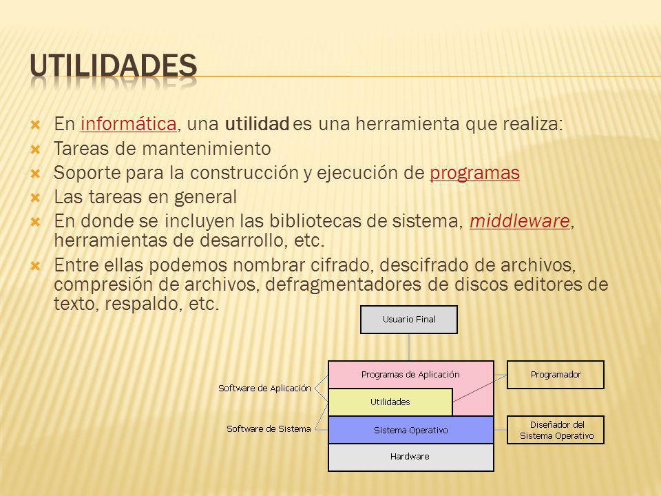 UTILIDADES En informática, una utilidad es una herramienta que realiza: Tareas de mantenimiento.