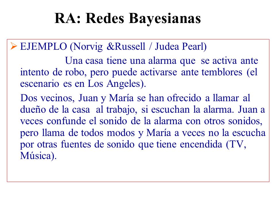 RA: Redes Bayesianas EJEMPLO (Norvig &Russell / Judea Pearl)