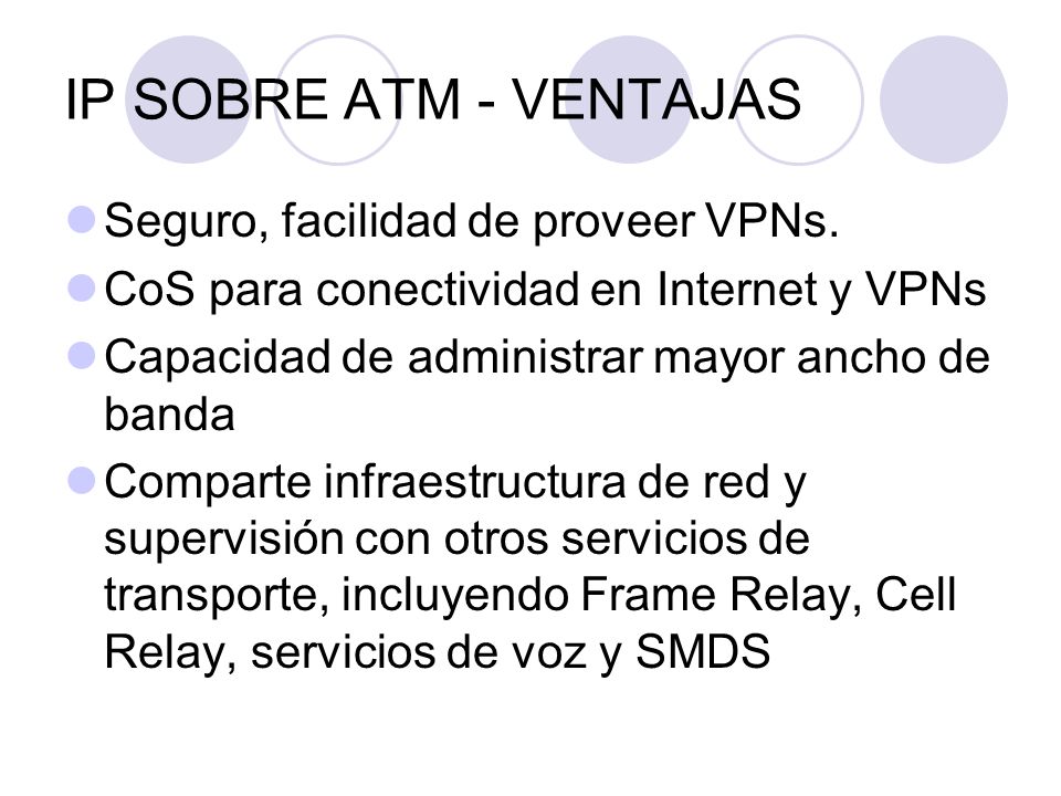 IP SOBRE ATM - VENTAJAS Seguro, facilidad de proveer VPNs.