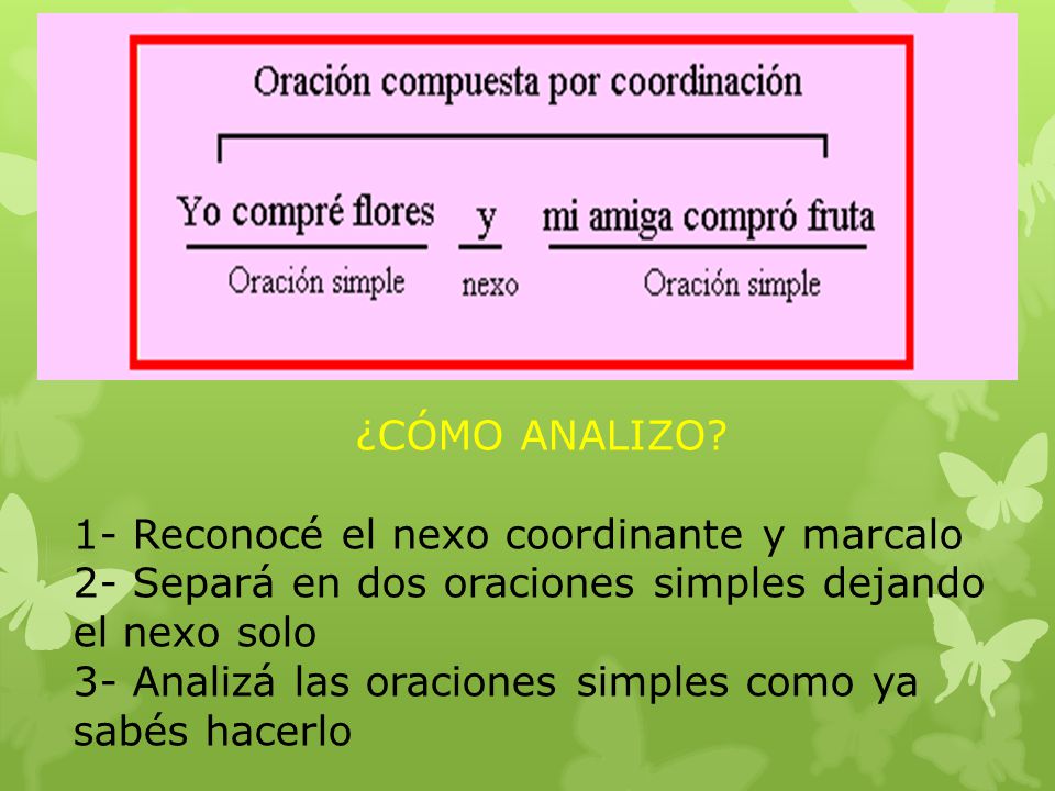 ¿CÓMO ANALIZO 1- Reconocé el nexo coordinante y marcalo. 2- Separá en dos oraciones simples dejando el nexo solo.