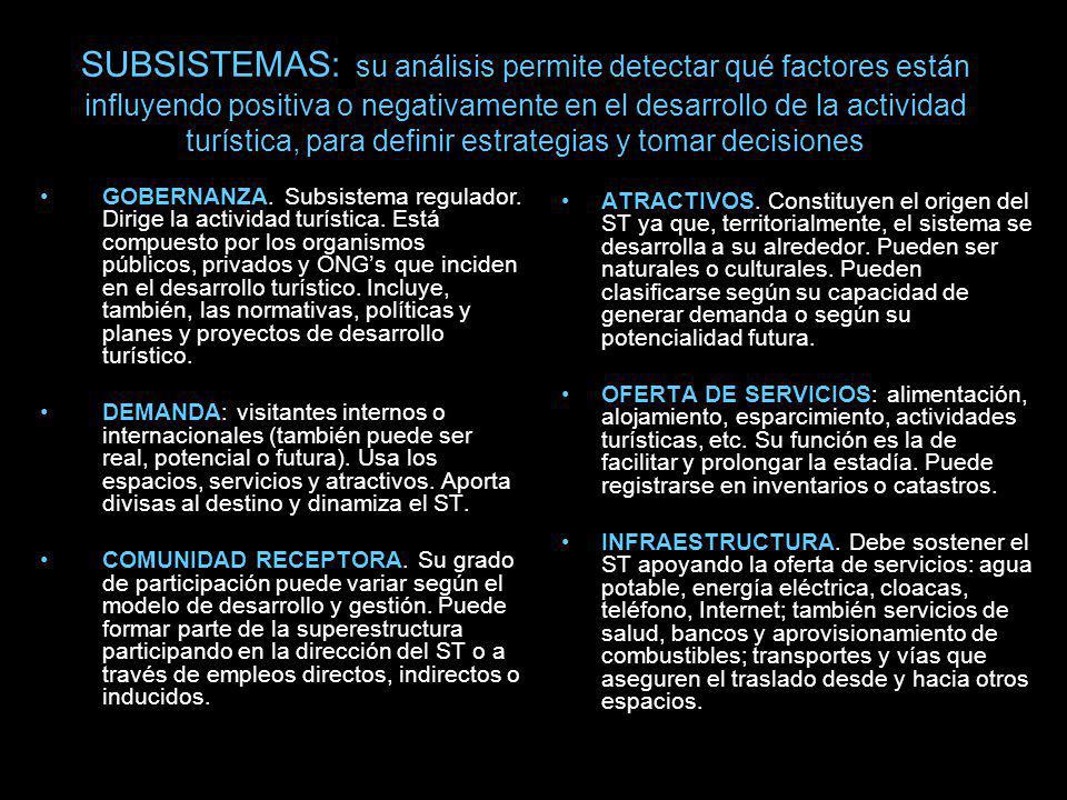 SUBSISTEMAS: su análisis permite detectar qué factores están influyendo positiva o negativamente en el desarrollo de la actividad turística, para definir estrategias y tomar decisiones