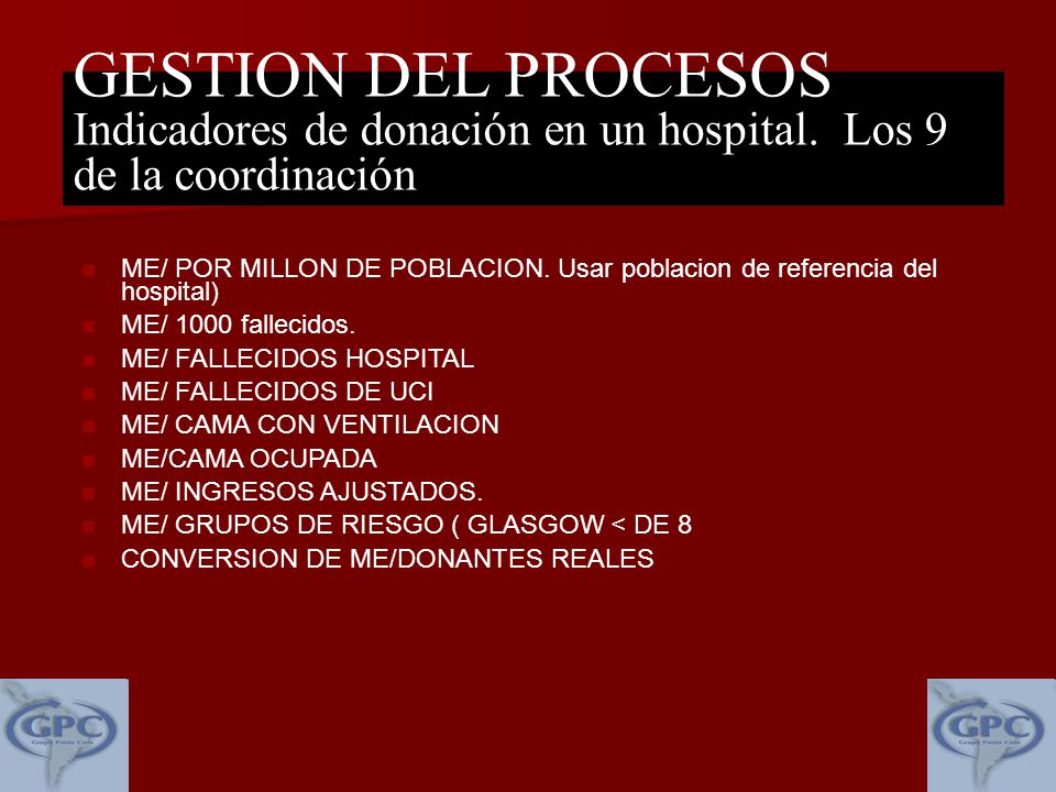 GESTION DEL PROCESOS Indicadores de donación en un hospital. Los 9 de la coordinación.