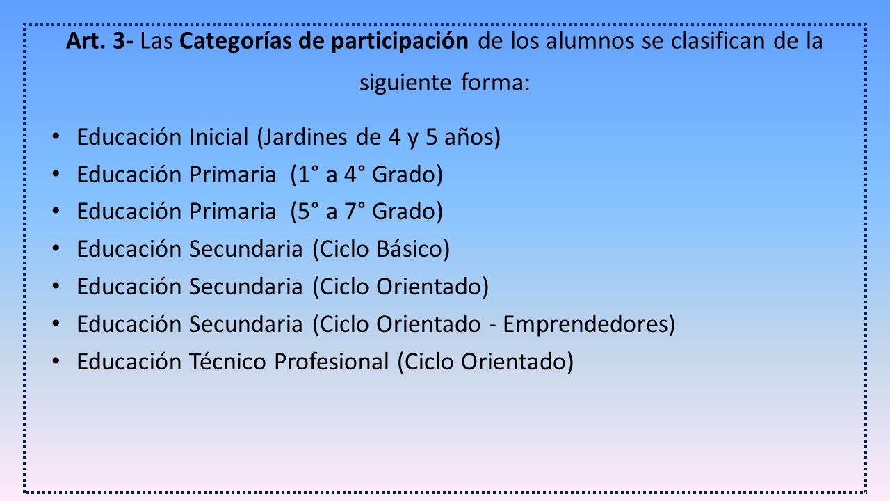 Art. 3- Las Categorías de participación de los alumnos se clasifican de la siguiente forma: