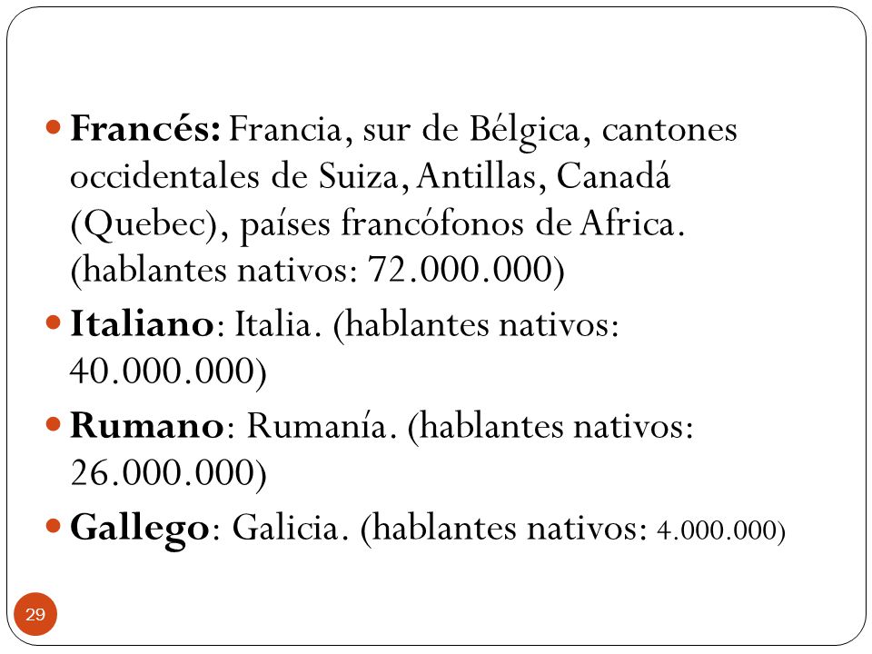 Francés: Francia, sur de Bélgica, cantones occidentales de Suiza, Antillas, Canadá (Quebec), países francófonos de Africa. (hablantes nativos: )