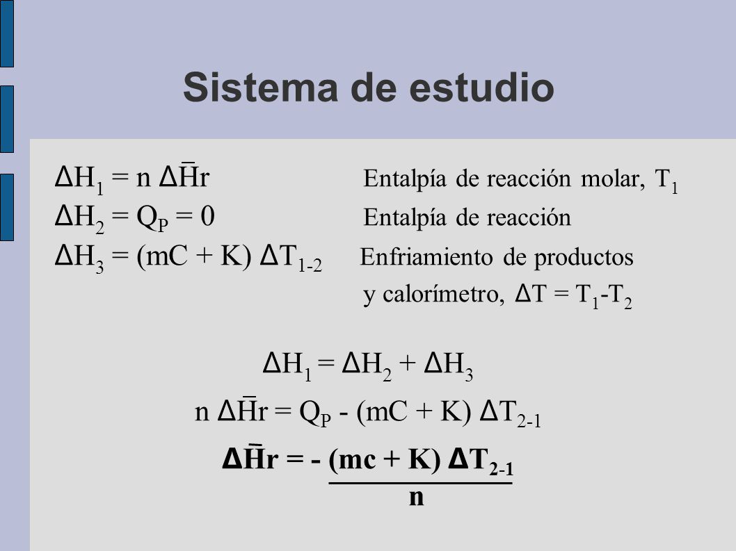 Sistema de estudio ΔH1 = n ΔHr Entalpía de reacción molar, T1