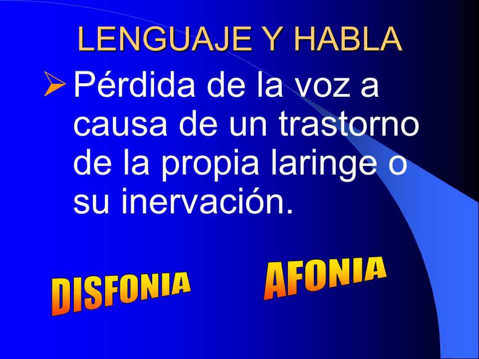 LENGUAJE Y HABLA Pérdida de la voz a causa de un trastorno de la propia laringe o su inervación. AFONIA.