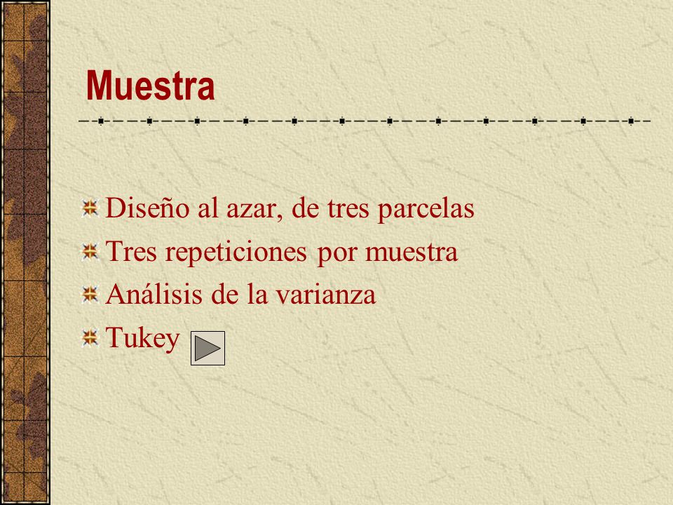 Muestra Diseño al azar, de tres parcelas Tres repeticiones por muestra