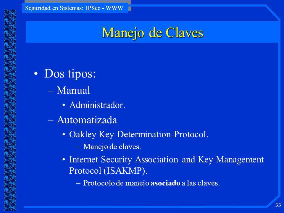 Manejo de Claves Dos tipos: Manual Automatizada Administrador.