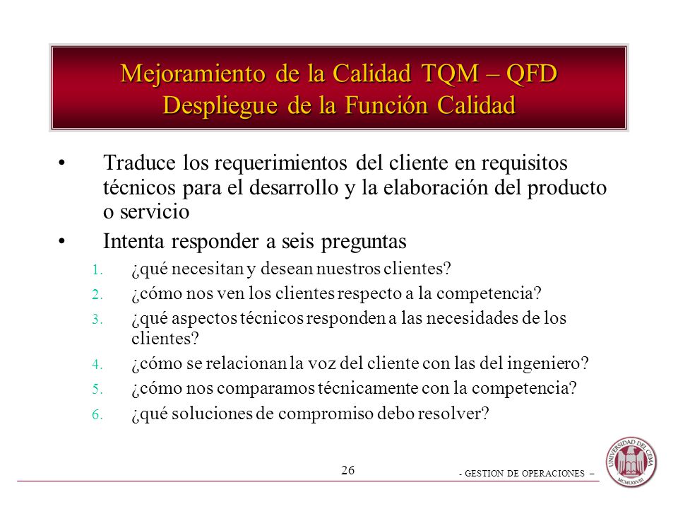 Mejoramiento de la Calidad TQM – QFD Despliegue de la Función Calidad