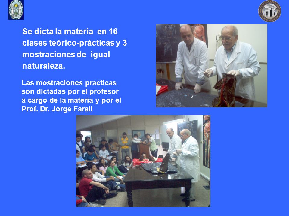 Se dicta la materia en 16 clases teórico-prácticas y 3 mostraciones de igual naturaleza.
