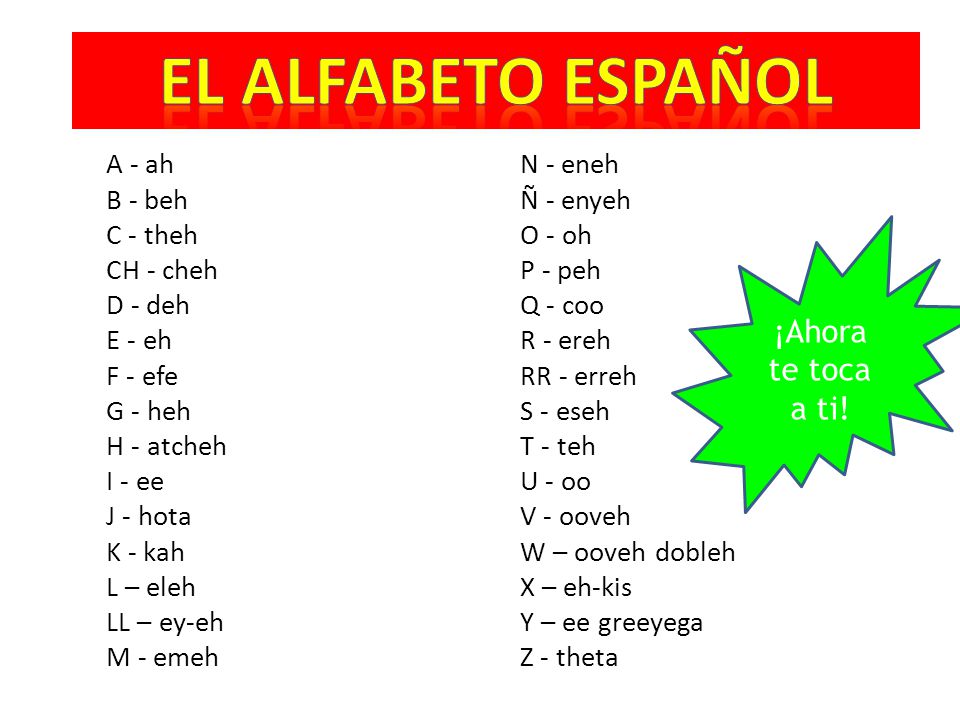 EL Alfabeto eSPAÑOL ¡Ahora te toca a ti! A - ah N - eneh B - beh