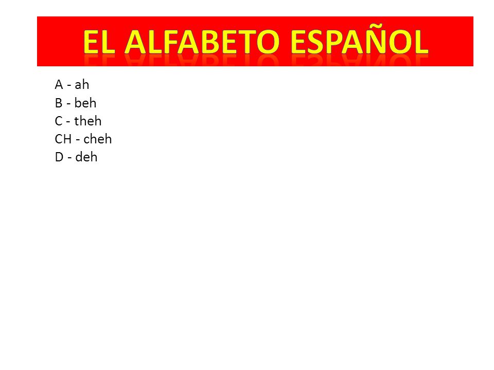 EL Alfabeto eSPAÑOL A - ah B - beh C - theh CH - cheh D - deh