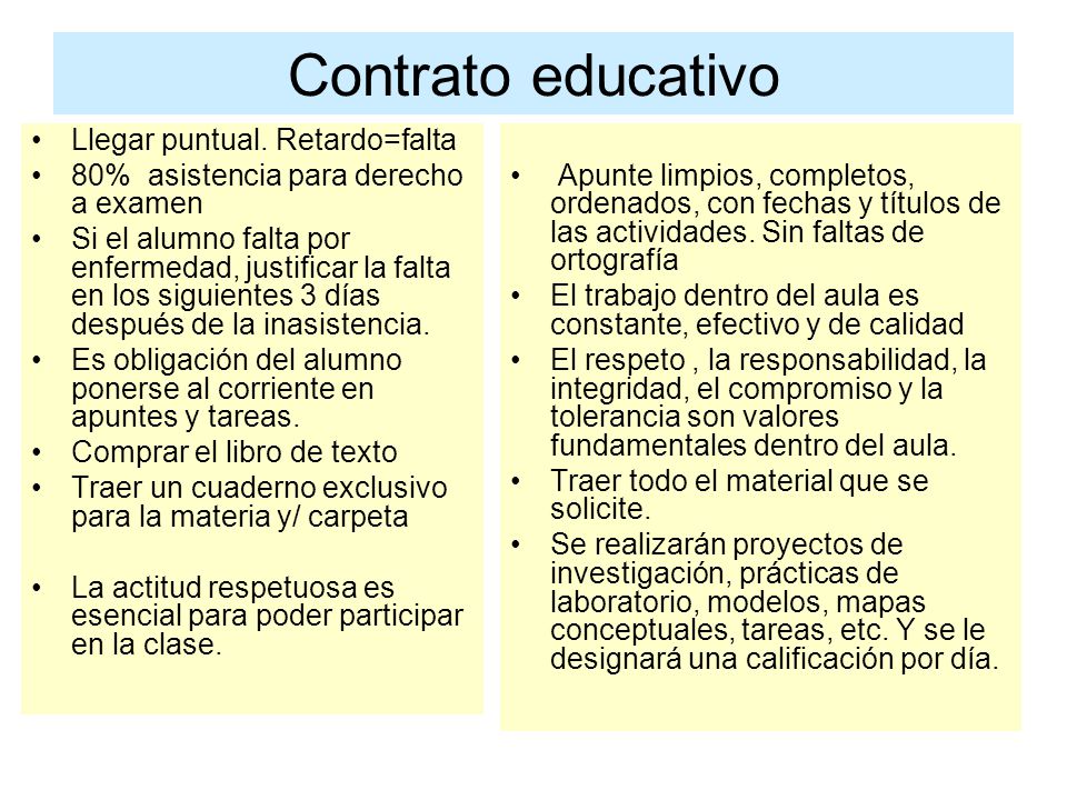 Contrato educativo Llegar puntual. Retardo=falta