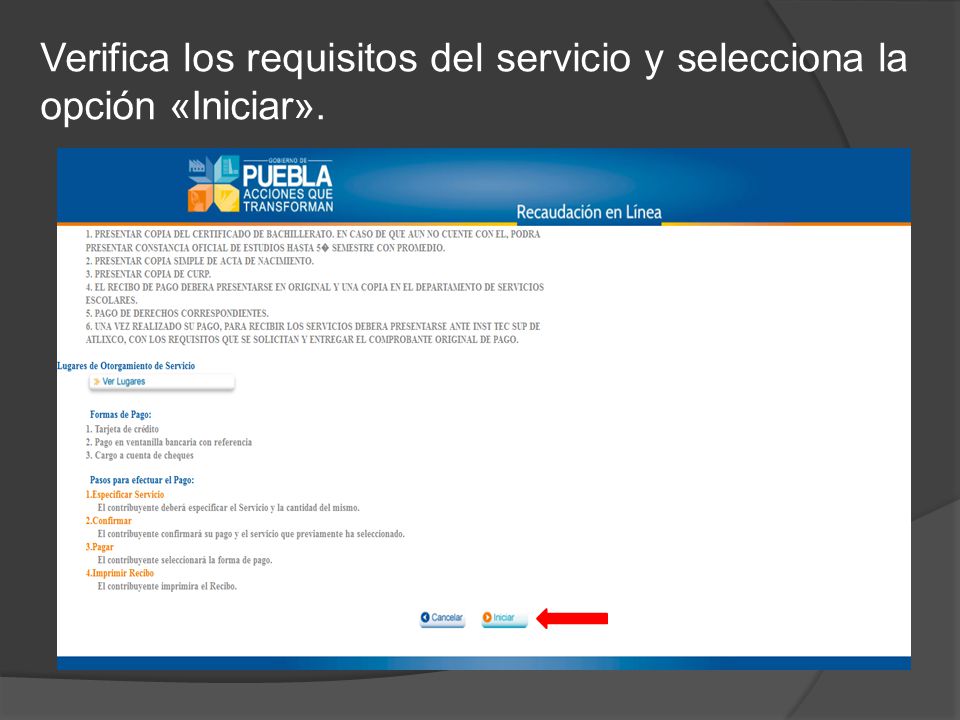 Verifica los requisitos del servicio y selecciona la opción «Iniciar».