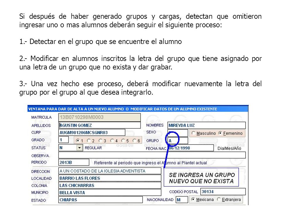 Si después de haber generado grupos y cargas, detectan que omitieron ingresar uno o mas alumnos deberán seguir el siguiente proceso: