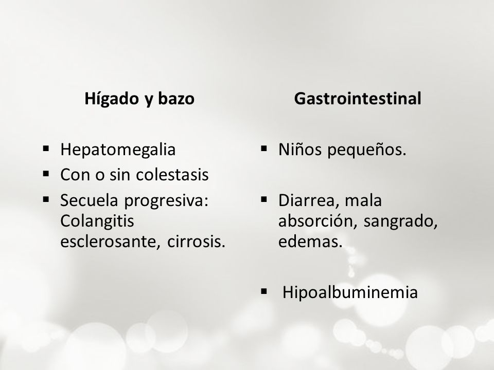 Hígado y bazo Hepatomegalia. Con o sin colestasis. Secuela progresiva: Colangitis esclerosante, cirrosis.