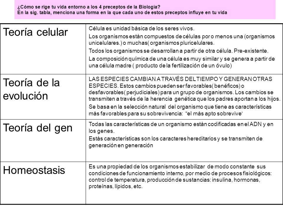 Teoría celular Teoría de la evolución Teoría del gen Homeostasis