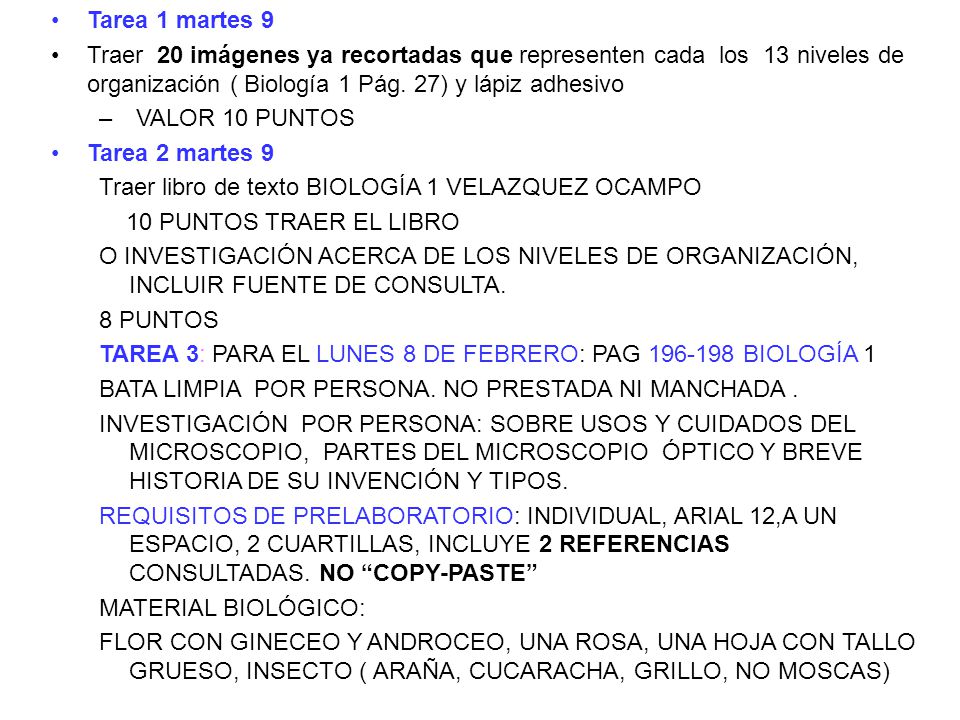 Tarea 1 martes 9 Traer 20 imágenes ya recortadas que representen cada los 13 niveles de organización ( Biología 1 Pág. 27) y lápiz adhesivo.