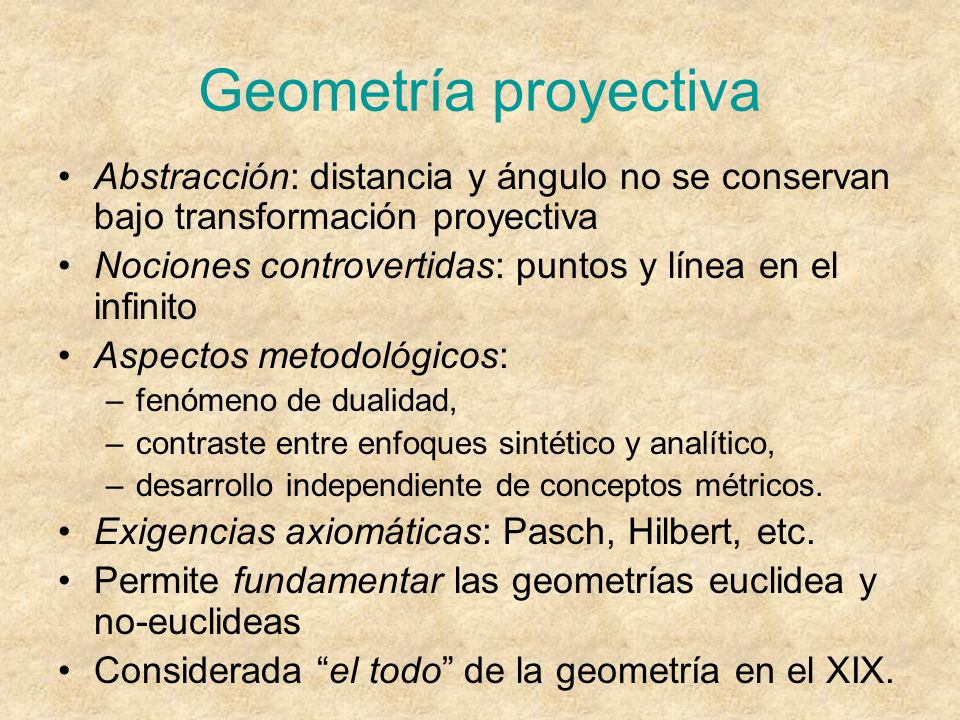 Geometría proyectiva Abstracción: distancia y ángulo no se conservan bajo transformación proyectiva.